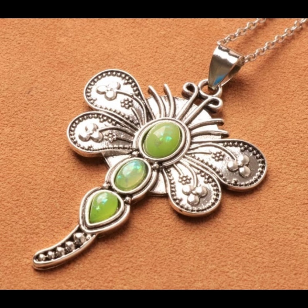 Silver Dragonfly Pendant Necklace with Lime Green Stones